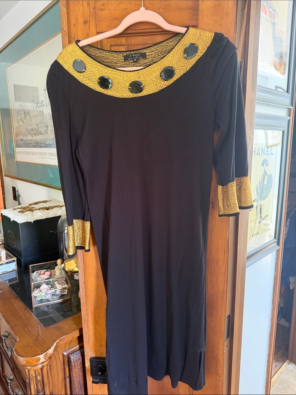 T-Bags Black Long Sleeve Dress with Gold Trim and Decorative Accents